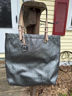 Michael Kors Metallic Gray Tote with Tan Straps